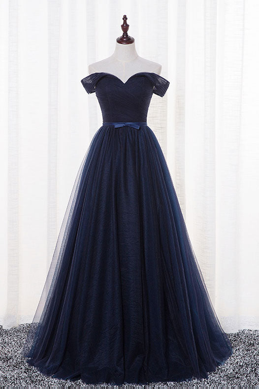 Simple Dark Blue Tulle Long Prom Dress Dark Blue Evening Dress