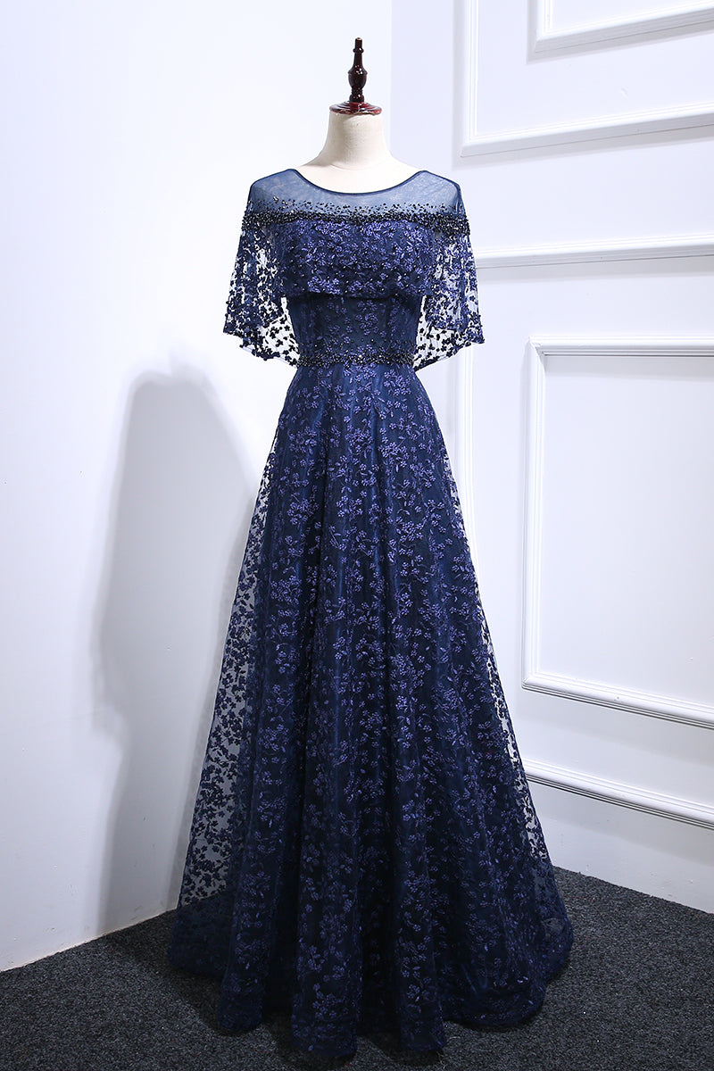 Dark Blue Tulle Lace Long Prom Dress Blue Tulle Evening Dress