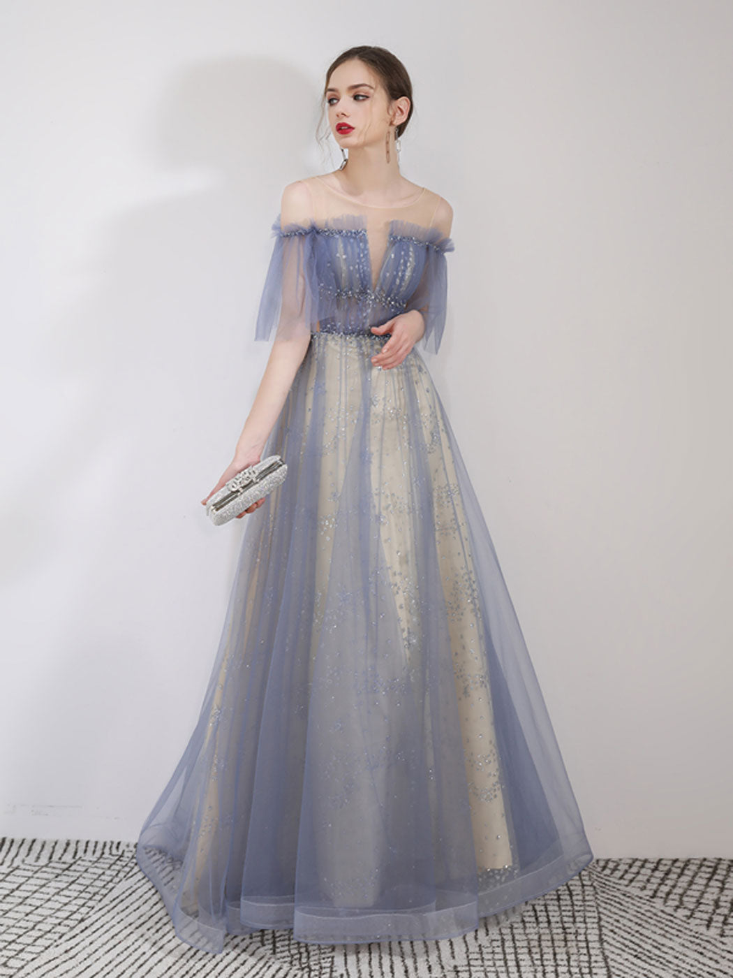 A-Line Tulle Blue Long Prom Dress Sequin Long Graduation Dress