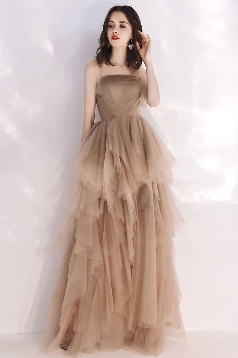 Champagne Tulle Long Prom Dress Tulle Formal Dress