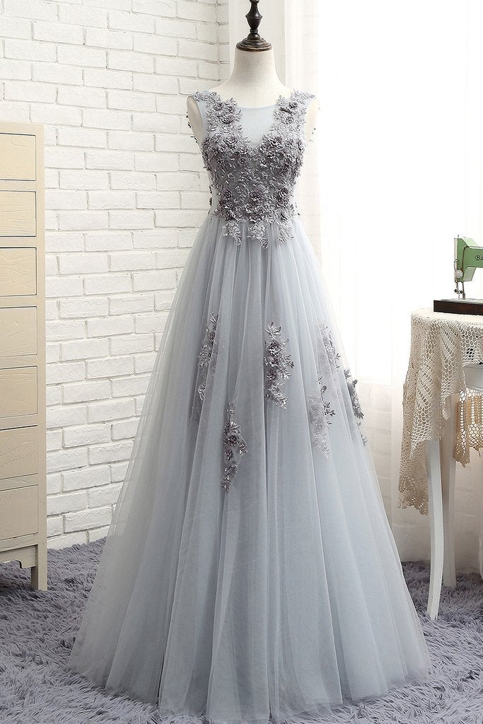 Gray Round Neck Lace Tulle Long Prom Dress Gray Lace Evening Gown