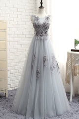 Gray Round Neck Lace Tulle Long Prom Dress Gray Lace Evening Gown