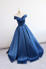 Blue V-Neck Satin Long Prom Dress Blue Satin Evening Gown