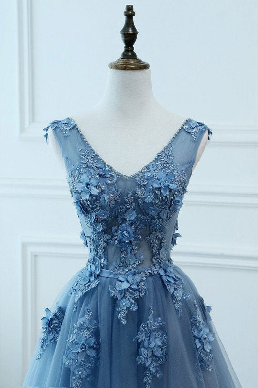 Blue V-Neck Tulle Lace Long Prom Dress Blue Evening Dress