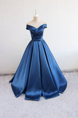 Blue V-Neck Satin Long Prom Dress Blue Satin Evening Gown