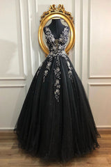 Black V-Neck Tulle Long Prom Dress Black Tulle Evening Dress