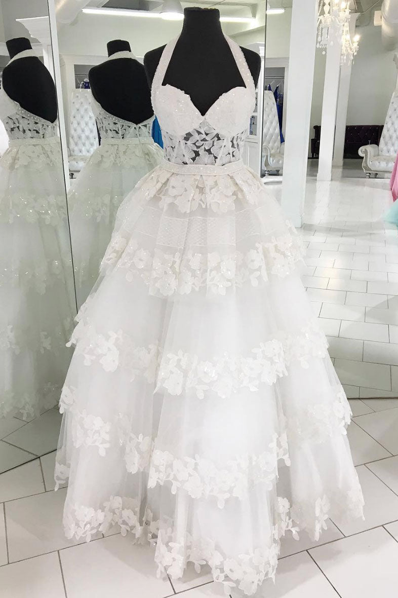 White Sweetheart Neck Tulle Lace Applique Long Prom Dress White Evening Dress