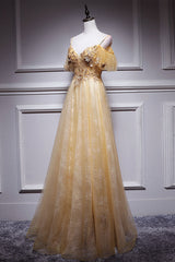 Champagne Tulle Lace Long Prom Dress Champagne Evening Dress