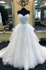 White Sweetheart Neck Tulle Lace Long Prom Dress Wedding Dress