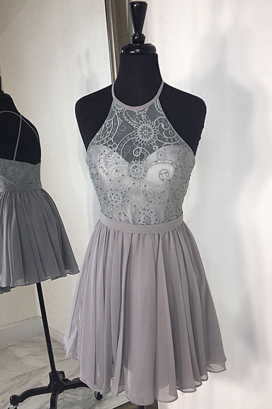 Gray High Neck Chiffon Lace Short Prom Dress Gray Homecoming Dress