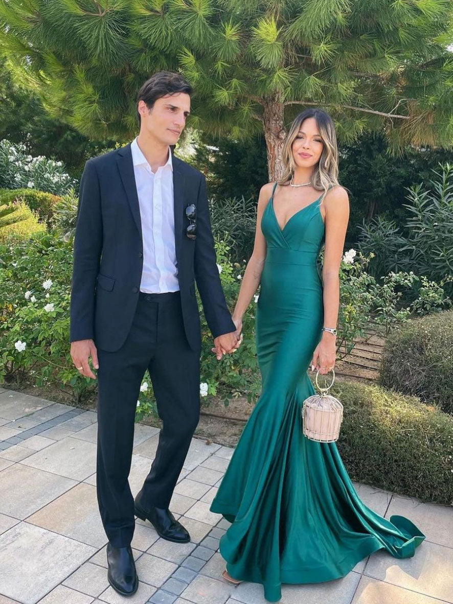 Simple Satin V-Neck Mermaid Green Long Prom Dress Green Evening Gown