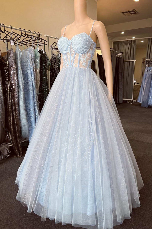 Light Blue Floral Lace Chic Sweetheart Collar A-Line Prom Dress