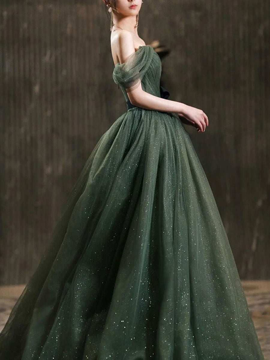 Simple Green A-Line Tulle Off-Shoulder Long Prom Dress Green Evening Dress