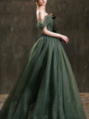 Simple Green A-Line Tulle Off-Shoulder Long Prom Dress Green Evening Dress