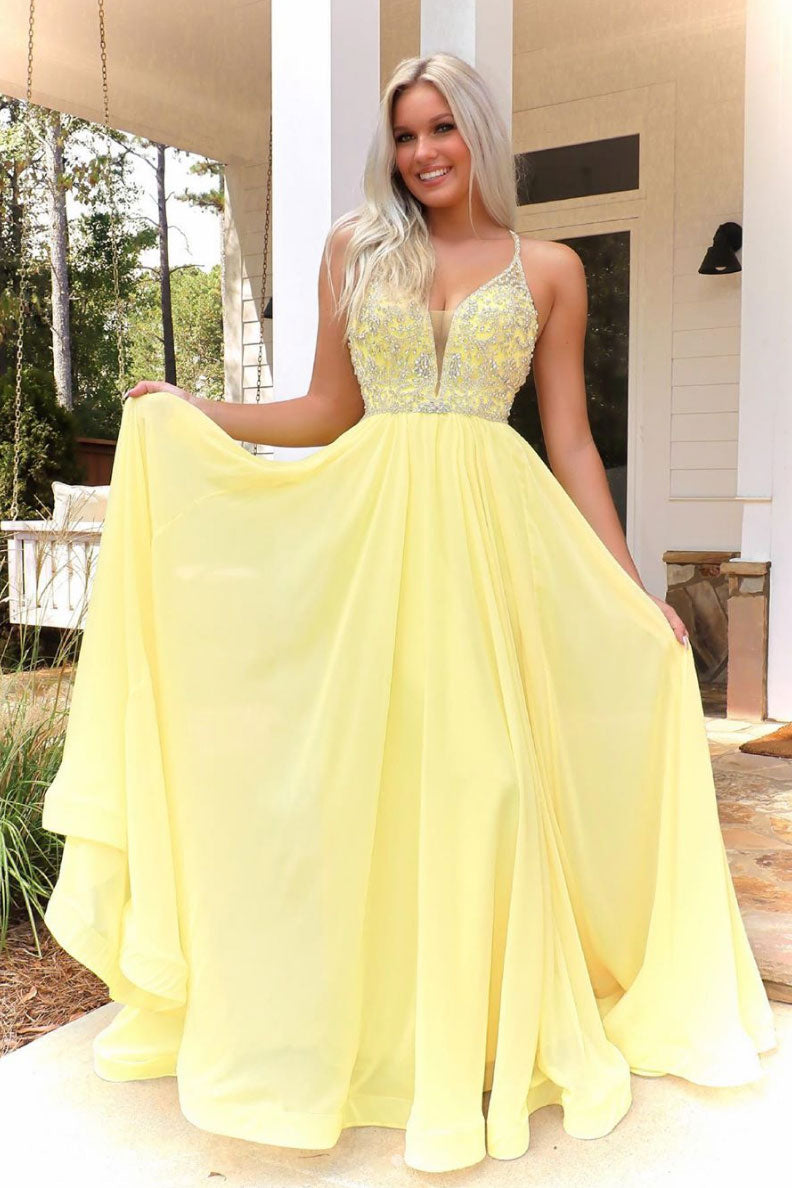 Yellow V-Neck Chiffon Beaded Long Prom Dress Yellow Formal Dress