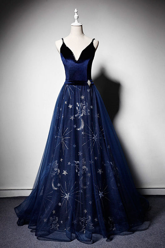 Blue V-Neck Tulle Long Prom Dress Blue Tulle Evening Gown