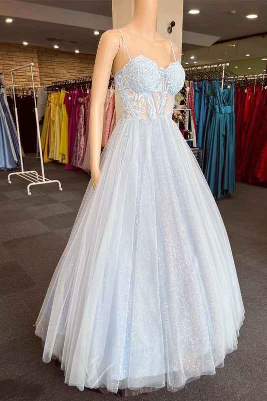 Light Blue Floral Lace Chic Sweetheart Collar A-Line Prom Dress