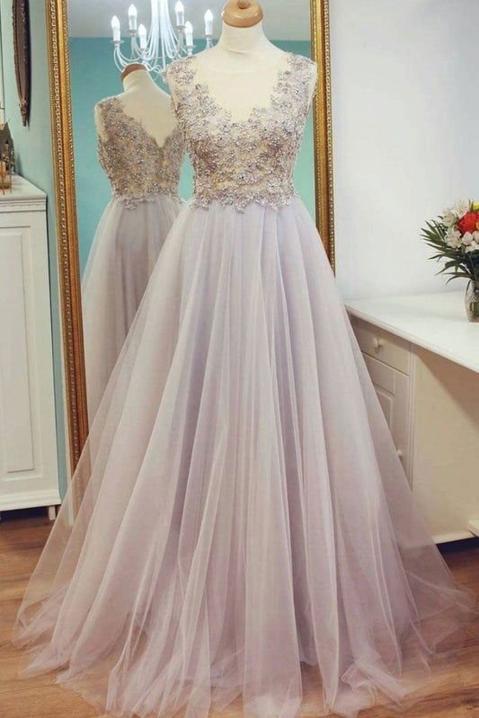 Unique Lace Tulle Long Prom Dress Tulle Lace Evening Dress