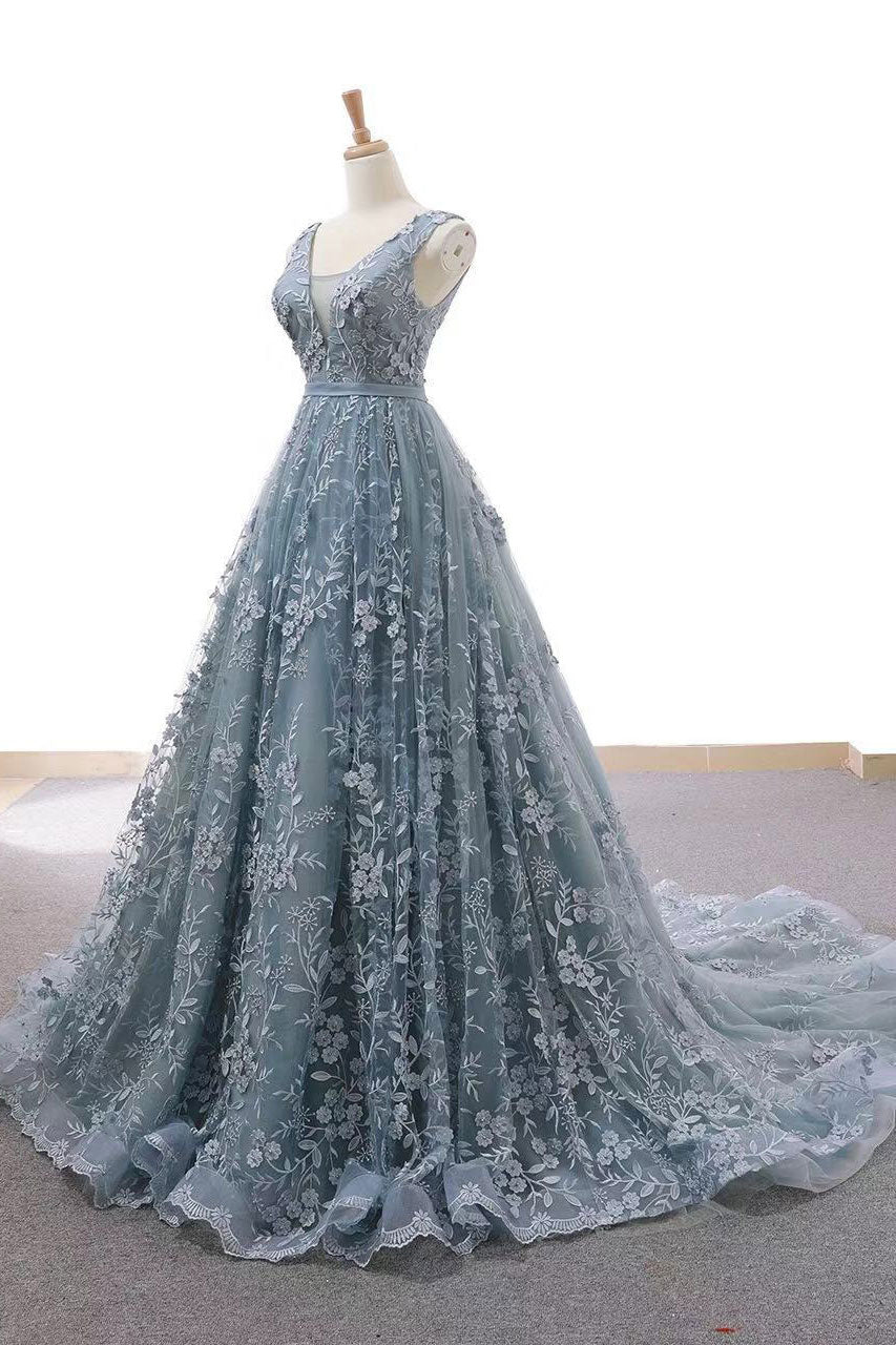 Gray Blue Tulle Lace Long Prom Dress Blue Evening Dress