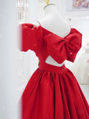 Red V-Neck Satin Long Prom Dress Red Evening Dress