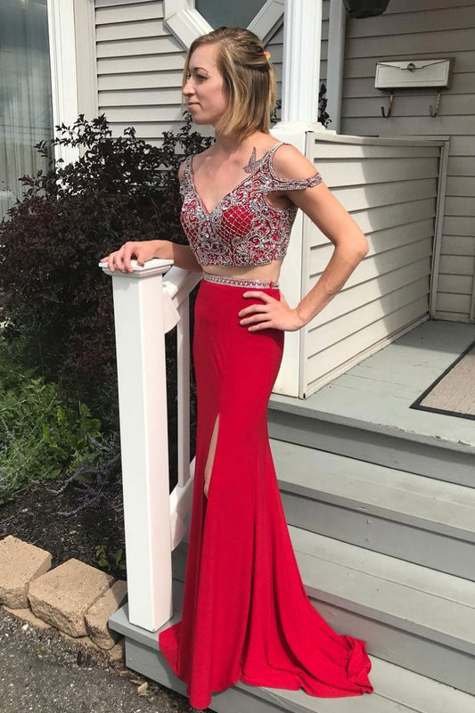 Red Two-Piece Beads Long Prom Dress Red Evening Gown