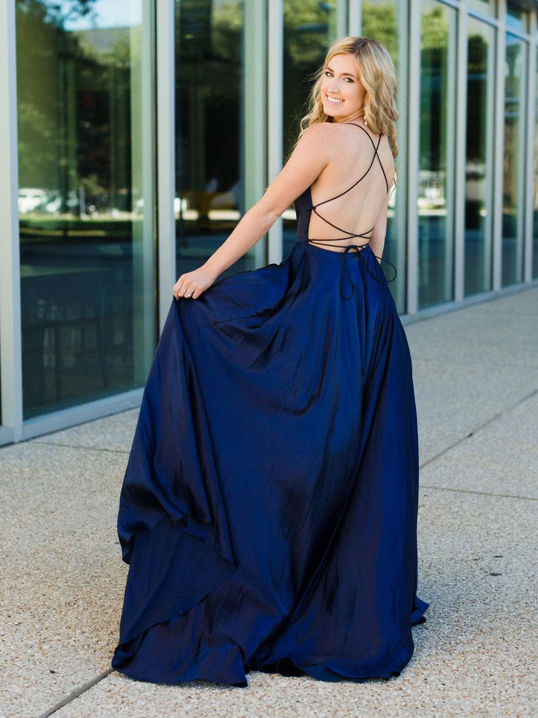 Simple Blue Satin Long Prom Dress Blue Backless Evening Dress