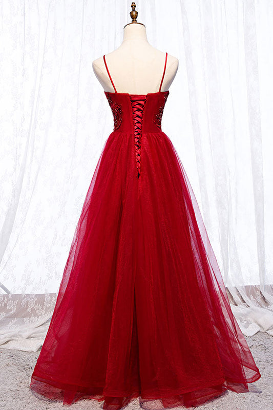 Burgundy Tulle Lace Beaded Long Prom Dress Burgundy Evening Dress