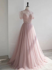 Pink Round Neck Tulle Sequin Long Prom Dress Pink Tulle Formal Dress