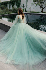 Green V-Neck Tulle Long Prom Dress Green Evening Dress