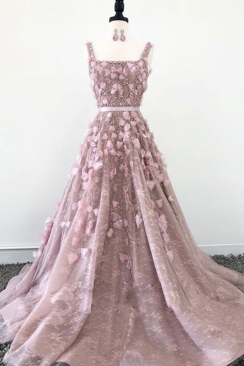 Unique Pink Tulle Long Prom Dress Tulle Evening Dress