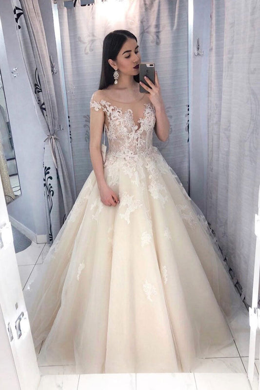 Champagne Tulle Lace Long Prom Dress Lace Tulle Evening Dress