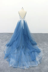 Blue V-Neck Tulle Lace Long Prom Dress Blue Lace Evening Dress