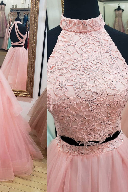 Pink Two-Piece Lace Tulle Long Prom Dress Pink Tulle Evening Gown