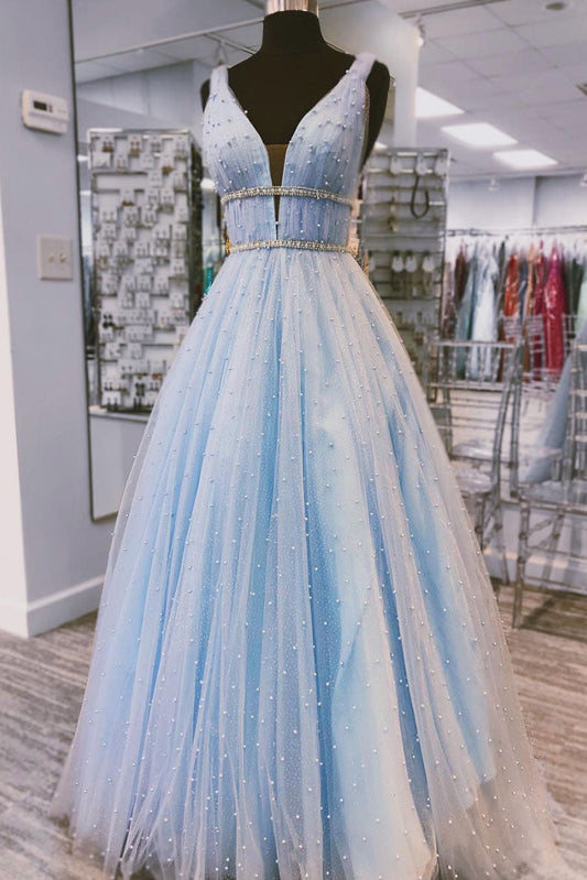 Blue V-Neck Tulle Long Prom Dress Blue Tulle Evening Dress