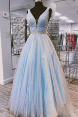 Blue V-Neck Tulle Long Prom Dress Blue Tulle Evening Dress