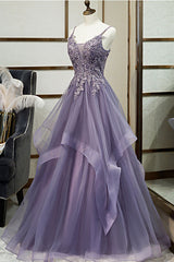 Unique V-Neck Tulle Lace Long Prom Dress Tulle Lace Formal Dress