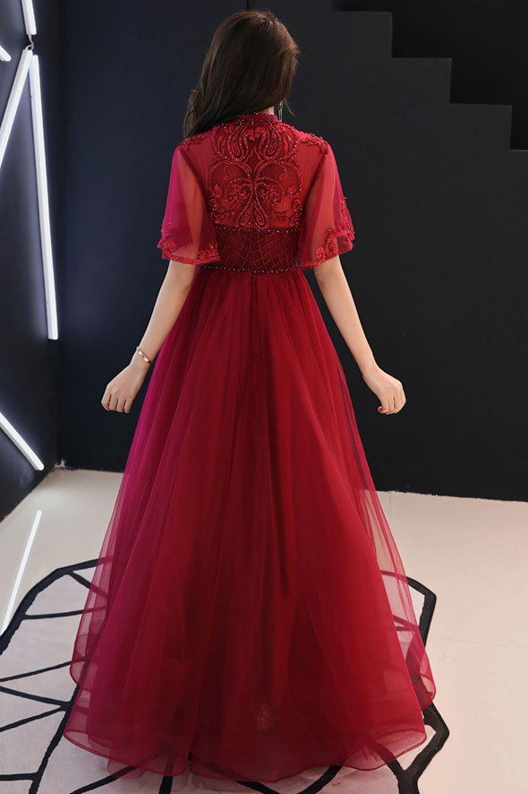 Unique Burgundy Tulle Lace Long Prom Dress Burgundy Evening Dress