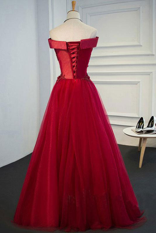 Burgundy Off-Shoulder Lace Long Prom Dress Burgundy Evening Dress