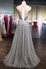 Gray Tulle Lace Beaded Long Prom Dress Gray Tulle Evening Dress