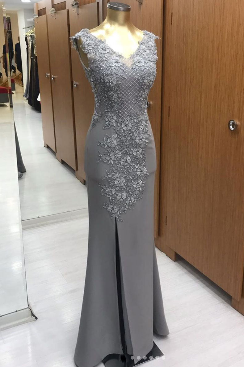 Gray V-Neck Chiffon Lace Long Prom Dress Gray Evening Gown