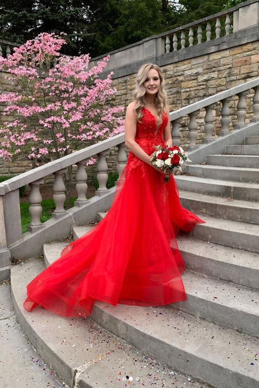 Red V-Neck Tulle Lace Long Prom Dress Red Lace Long Evening Dress