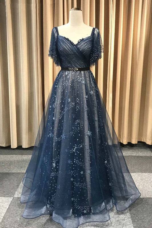 Dark Blue Tulle Long Prom Dress Blue Tulle Evening Dress