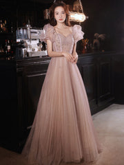 Flesh Pink Tulle Long Prom Dress Tulle Pink Evening Dress