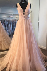 Simple V-Neck Tulle Long Prom Dress Tulle Formal Dress