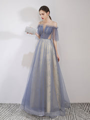 A-Line Tulle Blue Long Prom Dress Sequin Long Graduation Dress