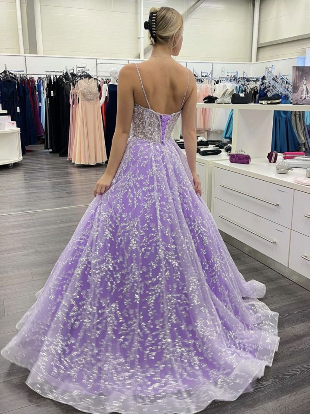 Purple Sweetheart Neck Tulle Sequin Long Prom Dress Purple Evening Dress