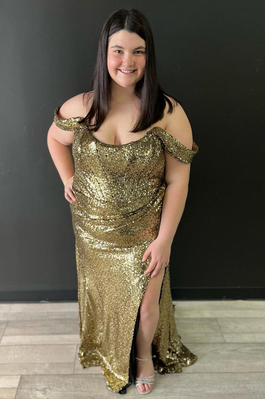 Plus Size Golden Off Shoulder Mermaid Prom Dress with Slit