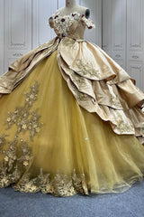 Gold Quinceanera Dress Sweet 15 Evening Dress Crystal Sleeveless Beading Flowers Ball Gown Dress