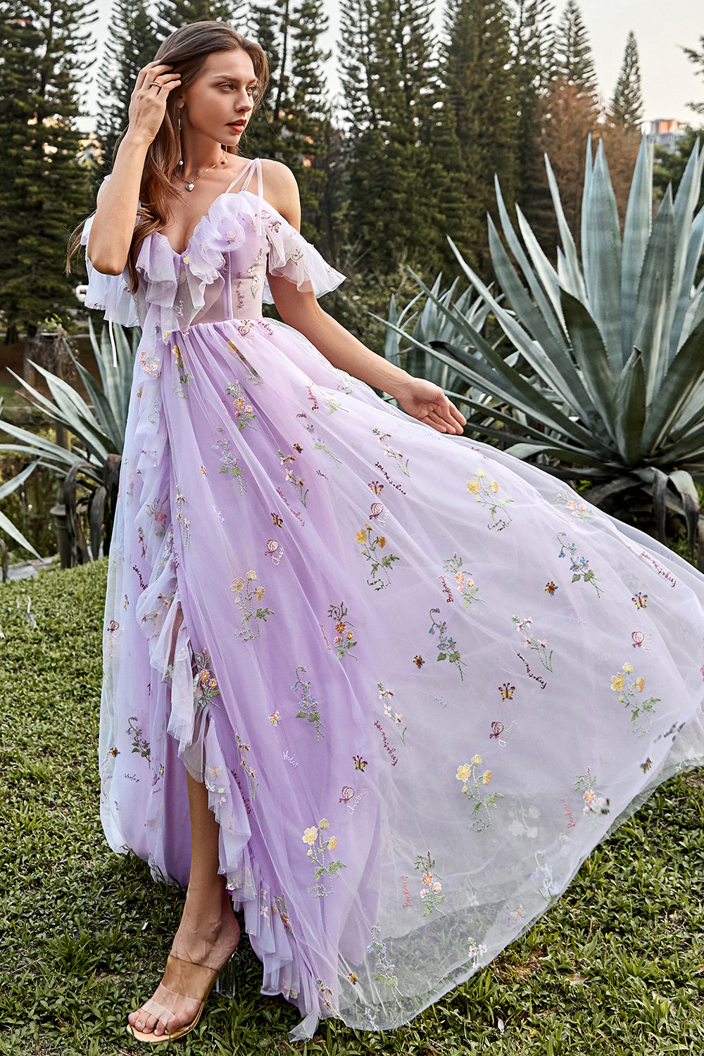 Purple Embroidery Long Prom Dress with Ruffles