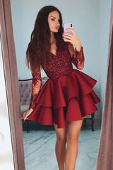 Burgundy V-Neck Lace Short Prom Dress Burgundy Homecoming Dress